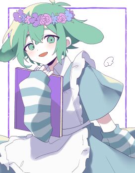 1boy :d absurdres alternate_costume animal_ears antenna_hair apron basil_(headspace)_(omori) basil_(omori) blue_arm_warmers blue_dress blue_flower blush book commentary_request cowboy_shot crossdressing crossdressing_(mtf) crossed_bangs double-parted_bangs dress enmaided eyebrows_hidden_by_hair flower flower_wreath frilled_apron frills green_eyes green_hair hair_between_eyes hand_up head_wreath highres holding holding_book inset_border kemonomimi_mode looking_at_viewer lop_rabbit_ears maid maid_apron male_focus mqd0rl omori open_mouth pale_skin pink_flower pink_rose purple_flower rabbit_boy rabbit_ears rose short_sleeves sidelocks simple_background smile solo standing striped_arm_warmers white_apron white_arm_warmers white_background