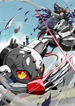 Rule 34 | claws, cyborg, digimon, digimon (creature), highres, metalgreymon (virus), metalmamemon, yellow eyes