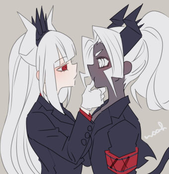 2girls armband artist_name black_horns black_jacket dark-skinned_female dark_skin demon_girl demon_tail eye_contact gloves grey_background helltaker highres horns jacket judgement_(helltaker) long_hair long_sleeves looking_at_another lucifer_(helltaker) multiple_girls noah_(tettsui-sole) ponytail red_armband red_eyes short_hair simple_background tail white_eyes white_gloves white_hair