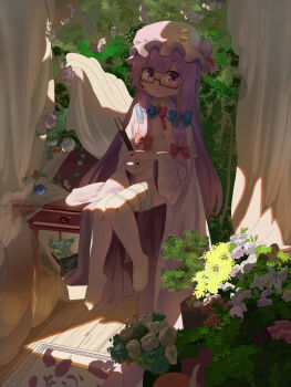1girl absurdres blush book bow breasts carpet crescent crescent_hair_ornament crescent_hat_ornament dress eyewear_strap flower folding_fan glasses grass hair_bow hair_ornament hand_fan hat hat_ornament hat_ribbon highres holding indoors long_hair looking_at_viewer mob_cap no_shoes open_clothes open_mouth patchouli_knowledge purple_eyes purple_hair qinweiq ribbon smile solo striped_clothes striped_dress touhou