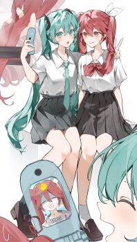 2girls absurdres alternate_hairstyle aqua_eyes aqua_hair aqua_necktie black_skirt black_socks blouse blush bow bowtie cellphone closed_eyes collar collarbone flip_phone grey_skirt hair_between_eyes hair_bow hair_ornament hair_straightener hatsune_miku highres holding_another's_hair holding_hair_straightener kasane_teto kasane_teto_(sv) loafers long_hair looking_at_phone mesmerizer_(vocaloid) multicolored_hair multiple_girls myanya necktie open_mouth phone pleated_skirt red_bow red_bowtie red_eyes red_hair school_uniform screen shirt shoes short_sleeves simple_background sitting skirt socks streaked_hair sweatdrop synthesizer_v twintails utau very_long_hair vocaloid white_background white_bow white_shirt white_socks worried