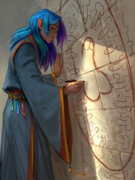 1boy artist_name artofanndr blue_hair from_side green_hair highres long_hair long_sleeves looking_at_viewer multicolored_hair original penis_drawing pointy_ears potion profile robe sideways_glance smile solo two-tone_hair wide_sleeves