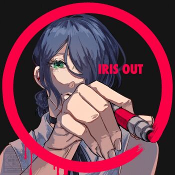 1girl black_background black_choker black_ribbon blue_hair chainsaw_man choker closed_mouth collared_shirt english_text green_eyes hair_bun hair_over_one_eye highres holding holding_marker kaerukerokeroo looking_at_viewer marker medium_hair neck_ribbon reze_(chainsaw_man) ribbon shirt sleeveless sleeveless_shirt solo updo upper_body white_shirt