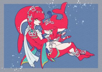 1boy 1girl air_bubble barefoot blue_background blush_stickers border bracer brother_and_sister bubble clawed_feet colored_skin eyeshadow fins fish_boy fish_girl floating full_body gills grey_border head_fins jewelry light_smile makeup mipha monster_boy monster_girl multicolored_skin nintendo red_eyeshadow red_skin scarf siblings sidon silver_trim slit_pupils the_legend_of_zelda the_legend_of_zelda:_breath_of_the_wild tsuyuga twitter_username two-tone_skin underwater white_scarf white_skin yellow_eyes zora