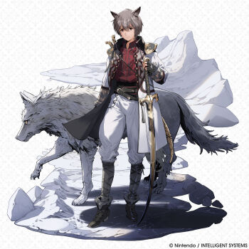 1boy absurdres animal animal_ears brown_eyes closed_mouth commentary company_name english_commentary fire_emblem fire_emblem_shadows full_body hand_on_hilt highres joachim_(fire_emblem) looking_at_viewer male_focus nintendo official_art standing sword weapon wolf wolf_ears