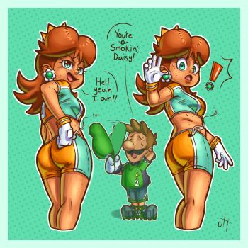 1boy 1girl artist_name ass blue_eyes breasts brown_hair burning daisy's_hot_stuff_(meme) earrings facial_hair flipped_hair flower_earrings full_body gamertimeartz gloves hat highres jewelry looking_at_another luigi mario_(series) mario_strikers_(series) midriff mustache nintendo open_mouth princess_daisy shorts smug standing super_mario_strikers surprised sweat thighs