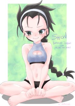 1girl absurdres averting_eyes bare_shoulders bikini black_bikini black_eyes braid braided_ponytail breasts character_name cleavage cleavage_cutout closed_mouth clothing_cutout copyright_name dot_nose embarrassed female_focus full_body green_background hairband hands_on_own_legs highres indian_style kunoichi_tsubaki_no_mune_no_uchi long_hair looking_afar looking_to_the_side low_ponytail matching_hair/eyes multicolored_bikini navel nervous nervous_smile petite ponytail rurito0725 shion_(kunoichi_tsubaki_no_mune_no_uchi) simple_background sitting small_breasts smile solo standing straight-on swimsuit two-tone_background two-tone_bikini wavy_mouth white_background white_bikini white_hairband