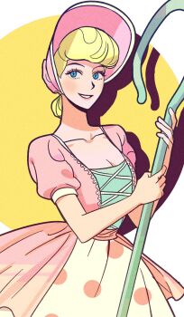 1girl baoul101552 blonde_hair blue_eyes bo_peep_(toy_story) bonnet collarbone commentary dress hair_bun highres holding holding_staff light_blush overskirt pink_bonnet pink_dress polka_dot puffy_short_sleeves puffy_sleeves shepherd's_crook short_hair short_sleeves simple_background smile solo staff standing symbol-only_commentary toy_story upper_body
