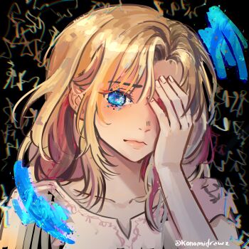 1girl absurdres blonde_hair blue_eyes cassie_(shadow_slave) chromatic_aberration gouged_eye hand_up highres konomiiii looking_at_viewer one_eye_covered shadow_slave shirt short_hair solo upper_body white_shirt