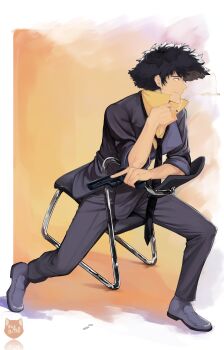 Rule 34 | 1girl, absurdres, artist logo, artist name, black hair, black necktie, border, chair, cigarette, collared shirt, commentary, cowboy bebop, english commentary, full body, grey jacket, grey pants, grey shoes, gun, handgun, highres, holding, holding cigarette, holding gun, holding weapon, iwi jericho 941, jacket, kobi420, logo, looking to the side, male focus, necktie, nose, on chair, pants, parted lips, shirt, shoes, short hair, sitting, sleeves rolled up, smile, smoking, solo, spike spiegel, weapon, white border, yellow background, yellow shirt