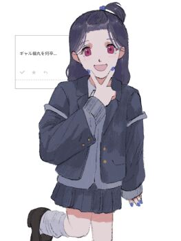 Rule 34 | 1girl, :d, absurdres, amesuku gyaru, bad id, bad twitter id, black jacket, black shoes, blazer, blue nails, fukumaru koito, grey skirt, grey socks, gyaru, highres, idolmaster, idolmaster shiny colors, jacket, kogal, loafers, long hair, long sleeves, looking at viewer, loose socks, miniskirt, nail polish, odaibako, one side up, open clothes, open jacket, open mouth, parted bangs, pleated skirt, purple eyes, school uniform, shoes, skirt, smile, socks, solo, standing, standing on one leg, subro, translation request, v, v over mouth, white background