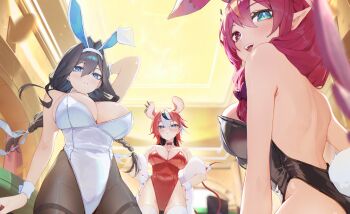 3girls :d absurdres alternate_costume animal_ear_hairband animal_ear_piercing animal_ears arm_behind_head arm_up back backless_leotard black_hair black_leotard black_pantyhose black_streaks blue_eyes bow bowtie braid breasts casino choker cleavage closed_mouth commentary covered_navel crystal_wings double-parted_bangs fake_animal_ears fake_tail fur_shawl hair_between_eyes hair_intakes hair_over_shoulder hairband hakos_baelz halo hands_on_own_hips heterochromia highleg highleg_leotard highres hololive hololive_english holopromise indoors irys_(hololive) large_breasts leotard looking_at_viewer low_twin_braids median_furrow medium_hair mouse_ears mouse_girl mouse_tail multicolored_hair multiple_girls official_alternate_hairstyle open_mouth ouro_kronii pantyhose parted_lips pointy_ears purple_eyes purple_hair rabbit_ear_hairband rabbit_ears rabbit_tail red_bow red_bowtie red_hair red_leotard shawl smile star-shaped_pupils star_(symbol) star_halo strapless strapless_leotard streaked_hair symbol-shaped_pupils tail tail_bow tail_ornament thighband_pantyhose thighhighs twin_braids virtual_youtuber white_choker white_leotard white_streaks white_thighhighs wings wrist_cuffs yoellim5