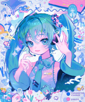 1girl 39 blue_eyes blue_hair blue_nails cake cake_slice cherry chibi commentary copyright_name cursor detached_sleeves english_text error_message flower food frilled_shirt_collar frills fruit grey_shirt hair_ornament hair_scrunchie hatsune_miku headset highres looking_at_viewer mawarusanso microphone necktie niconico open_mouth pink_flower pink_tulip scrunchie shirt solo sparkle symbol-only_commentary terebi-chan tulip twintails upper_body v vocaloid