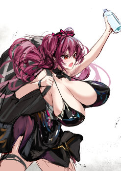 backpack bag bare_shoulders black_dress black_hair blush bottle bouncing_breasts breasts cleavage dress goddess_of_victory:_nikke highres holding huge_breasts kurono_suzuran long_hair multicolored_hair open_mouth papillon_(nikke) pink_hair pointy_breasts red_eyes sagging_breasts simple_background twintails unaligned_breasts very_long_hair water_bottle white_background