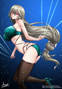 1girl adsouto alexandrina_sebastiane bra breasts eye_trail green_hair high_heels highres large_breasts light_trail lingerie long_hair looking_at_viewer low-tied_long_hair panties parted_lips red_eyes signature solo string thighhighs underwear variant_set very_long_hair zenless_zone_zero