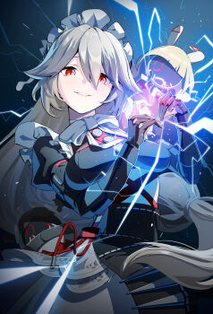 1girl alexandrina_sebastiane apron breasts electricity gloves grey_hair hair_between_eyes hairband heart heart_hands highres large_breasts long_hair long_sleeves looking_at_viewer low-tied_long_hair maid maid_apron maid_headdress metal_hairband nasan_(coldtime) pantyhose_cutout partially_fingerless_gloves puffy_sleeves red_eyes smile solo spiked_headband zenless_zone_zero