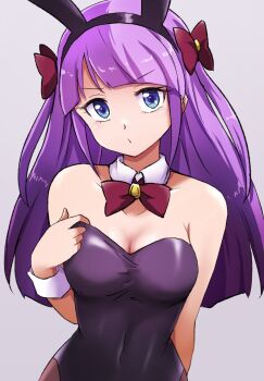 1girl adjusting_clothes adjusting_leotard animal_ear_hairband animal_ears bare_shoulders black_hairband black_leotard blue_eyes bow bowtie breasts cleavage commentary covered_navel detached_collar dress fake_animal_ears grey_background hairband hand_up hat hat_bow highres kaguya_madoka leotard long_hair looking_at_viewer medium_breasts playboy_bunny precure purple_dress rabbit_ears red_bow red_bowtie simple_background solo standing star_twinkle_precure strapless strapless_leotard upper_body uraki v-shaped_eyebrows wrist_cuffs