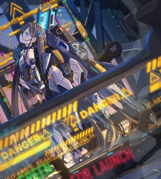 1girl absurdres aris_(blue_archive) aris_(mecha_suit)_(blue_archive) bare_shoulders black_hair blue_archive blue_eyes force_(fossan_01) gloves hair_between_eyes halo highres holding long_hair mecha_musume mechanical_wings rectangular_halo sign skirt solo thighhighs twintails very_long_hair warning_sign wings