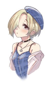 Rule 34 | 1girl, anjerain, bare shoulders, beret, blonde hair, blush, breasts, brown eyes, camisole, choker, hair over one eye, hat, highres, idolmaster, idolmaster cinderella girls, jacket, jewelry, looking at viewer, necklace, off shoulder, open clothes, open jacket, parted lips, shirasaka koume, short hair, small breasts, solo, upper body