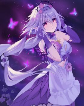 1girl bare_shoulders breasts castorice_(honkai:_star_rail) closed_mouth commentary_request dress flower gloves hair_between_eyes hair_flower hair_ornament hands_up highres honkai:_star_rail honkai_(series) long_hair looking_at_viewer nanjonyanya navel pointy_ears purple_eyes purple_gloves purple_hair revision smile solo