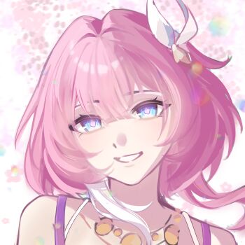 Rule 34 | 1girl, absurdres, bare shoulders, blue eyes, chinese commentary, coat, commentary request, cyrene (aedes elysiae) (honkai: star rail), cyrene (honkai: star rail), hair ornament, highres, honkai: star rail, honkai (series), huanluo66523, jewelry, looking at viewer, multicolored hair, necklace, pink hair, purple coat, short hair, smile, solo, two-tone hair, upper body, white background, white hair