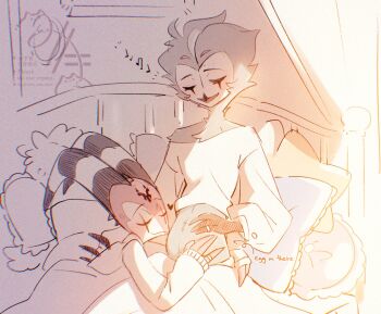 blitzo_(helluva_boss) couple demon_boy demon_horns heart hellaverse helluva_boss highres horns husband_and_husband kissing_stomach male_pregnancy miho_2nd_tyan pregnant shirt stolas_(helluva_boss) white_shirt