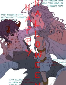 Rule 34 | 1boy, 1girl, absurdres, alternate costume, angel and devil, bangle, black vest, blood, blood from mouth, blood on clothes, blood on face, blood on hands, blood splatter, bracelet, clothing cutout, cowboy shot, demon horns, english text, halo, hand on another's back, happy halloween, highres, horns, jewelry, li axie, long hair, looking at another, nephis (shadow slave), partially open shirt, shadow slave, sharp teeth, shirt, shoulder cutout, spread legs, sunny (shadow slave), teeth, vest, wavy hair, white hair, white shirt