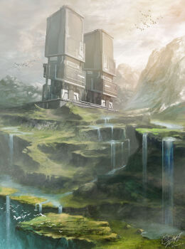 artist_name building commentary_request evening grass haguruma_rapt highres mountain no_humans original outdoors scenery science_fiction simple_bird water waterfall