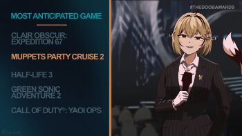 Rule 34 | 1girl, absurdres, ahoge, alternate costume, artist name, black hair, black suit, blonde hair, buruhas, commentary, dooby, english commentary, english text, formal clothes, gloves, green eyes, highres, holding, holding microphone, indie virtual youtuber, microphone, multicolored hair, pinstripe pattern, pinstripe suit, short hair, solo, streaked hair, suit, tail, the game awards, thick eyebrows, upper body, virtual youtuber, white background, white gloves