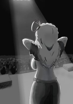 1girl absurdres backboob braid breasts clothes_lift crowd crown_braid exhibitionism flashing from_behind hair_rings highres large_breasts long_hair love_live! love_live!_sunshine!! ohara_mari pants public_indecency shirt shirt_lift spotlight stage wada_something