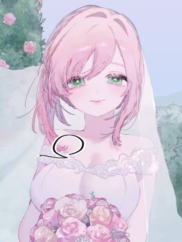 bare_shoulders bouquet breasts bridal_veil bride bush commentary_request dress flower green_eyes hair_between_eyes hanazono_hakari highres holding holding_bouquet kimi_no_koto_ga_dai_dai_dai_dai_daisuki_na_100-nin_no_kanojo large_breasts looking_at_viewer medium_hair off-shoulder_dress off_shoulder pink_flower pink_hair pink_rose rose smile upper_body urouro_u_ron veil wedding_dress white_dress