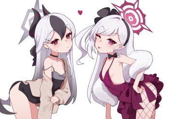 2girls absurdres armpit_crease bat_wings bent_over black_choker black_dress black_hair blue_archive bow bowtie breasts choker cleavage collarbone commentary dress earrings english_commentary fishnet_pantyhose fishnets fur_shawl g-string grey_halo hair_behind_ear hair_ornament halo hand_on_own_hip heart highres horns hrnt jewelry kayoko_(blue_archive) kayoko_(dress)_(blue_archive) looking_at_viewer mole multicolored_hair multiple_girls mutsuki_(blue_archive) mutsuki_(dress)_(blue_archive) open_clothes pantyhose pink_eyes pointy_ears red_dress red_eyes red_halo shawl small_breasts thong tongue tongue_out two-tone_hair white_hair wings