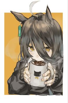 Rule 34 | 1girl, ahoge, animal ears, black hair, black sweater, coffee, cup, dom1, drinking, ear ornament, ear tag, earrings, hair between eyes, hands up, highres, holding, holding cup, horse ears, horse girl, jewelry, long hair, long hair between eyes, long sleeves, manhattan cafe (umamusume), mug, multicolored hair, single earring, sleeves past wrists, solo, steam, steaming cup, sweater, umamusume, white hair, yellow eyes