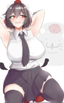Rule 34 | 1girl, armpits, arms behind head, black hair, black necktie, black skirt, black thighhighs, black wings, blush, breasts, commentary, detached wings, full body, hat, highres, large breasts, lazyseal, looking to the side, necktie, open mouth, pom pom (clothes), red eyes, red hair, red hat, red shoes, seal (animal), seiza, shameimaru aya, shirt, shoes, short hair, signature, simple background, sitting, skirt, sleeveless, sleeveless shirt, solo, thighhighs, tokin hat, touhou, untranslatable commentary, white background, white shirt, wings