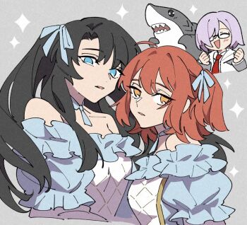 2boys 2girls bare_shoulders black-framed_eyewear black_hair blue_dress blue_eyes blue_ribbon blush closed_eyes commentary_request crossdressing crossdressing_(mtf) dress fate/grand_order fate_(series) fujimaru_ritsuka_(female) fujimaru_ritsuka_(male) glasses grey_background hair_ribbon kuhu1212 mash_kyrielight multiple_boys multiple_girls official_alternate_costume orange_eyes orange_hair pink_hair ribbon shark sharp_teeth side_ponytail simple_background smile teeth twintails