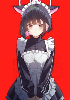1girl absurdres alternate_costume animal_ears apron black_hair black_jacket black_skirt blue_archive blush cat_ears closed_mouth colored_inner_hair cowboy_shot frilled_apron frills halo highres jacket jersey_maid kazama_gorou kazusa_(blue_archive) long_sleeves looking_at_viewer maid maid_headdress multicolored_hair pink_hair red_background red_eyes short_hair simple_background skirt solo track_jacket two-tone_hair unconventional_maid v_arms white_apron