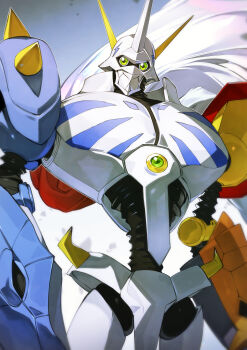 Rule 34 | absurdres, cape, cowboy shot, digimon, digimon (creature), green eyes, highres, looking at viewer, mecha, omegamon, robot, shoulder spikes, simple background, solo, spikes, toridamono, white cape