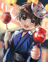 Rule 34 | 1boy, black hair, blush, brown eyes, candy apple, child, food, fox mask, highres, japanese clothes, kanasun12 30, kimono, looking at viewer, male focus, mask, mask on head, open mouth, original, outdoors, short hair, smile, solo