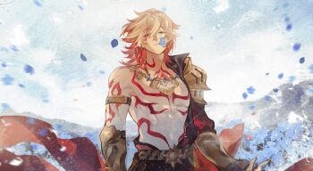 1boy absurdres arm_tattoo armlet black_coat blonde_hair braid cape chest_tattoo chinese_commentary coat commentary_request earrings facial_tattoo falling_petals flower forget-me-not_(flower) gauntlets gold_earrings gold_necklace gradient_hair highres honkai:_star_rail honkai_(series) jewelry male_focus medium_hair multicolored_hair mydei_(honkai:_star_rail) necklace open_clothes open_coat petals red_cape red_hair red_tattoo side_braid solo stucdg tattoo waist_cape yellow_eyes