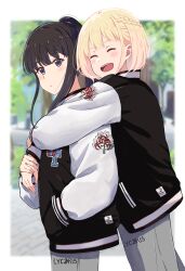 Rule 34 | 2girls, ^ ^, absurdres, black hair, black jacket, blonde hair, blurry, blurry background, blush, bob cut, border, chai haru, closed eyes, closed mouth, commentary request, copyright name, floral print, flower, grey pants, half up braid, hand in pocket, highres, holding another&#039;s wrist, hug, hug from behind, inoue takina, jacket, long hair, long sleeves, looking at viewer, lycoris recoil, multiple girls, nishikigi chisato, open mouth, outdoors, outside border, pants, ponytail, purple eyes, raglan sleeves, short hair, sidelocks, spider lily, teeth, upper teeth only, white border, white sleeves, yuri