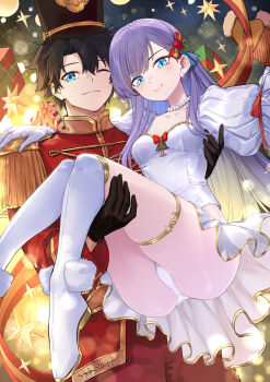 1boy 1girl ;) black_gloves black_hair blue_eyes box breasts carrying christmas coffeekite commentary_request dress epaulettes fate/grand_order fate_(series) fujimaru_ritsuka_(male) gift gift_box gloves highres jewelry long_hair meltryllis_(fate) necklace one_eye_closed panties pants pearl_necklace princess_carry purple_hair red_pants red_vest short_hair small_breasts smile underwear very_long_hair vest white_dress white_panties