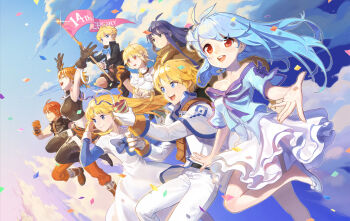 4boys 4girls ahoge apron ascot belt benya_(tales_weaver) bike_shorts black_boots black_coat black_gloves black_shirt blonde_hair blue_ascot blue_bow blue_eyes blue_hair blue_jacket blue_shoes blue_sky blue_sleeves boots border boris_jinneman bow braid breasts brown_belt brown_cloak brown_shorts capelet clenched_hand cloak closed_eyes closed_mouth cloud coat commentary confetti crop_top cropped_jacket cropped_shirt dress english_commentary english_text flag flats footwear_bow gloves grey_eyes high_collar highres holding holding_flag holding_party_popper isolestie_(children_of_the_rune) jacket jewelry layered_dress long_hair long_sidelocks lucian_kaltz medium_breasts medium_hair mila_nebraska multiple_boys multiple_girls necklace nexon nocturne_de_vien off-shoulder_jacket off_shoulder official_art open_hands open_mouth orange_boots orange_hair orange_pants outstretched_arm outstretched_hand pants party_popper profile puffy_shorts purple_bow purple_ribbon red_eyes red_pupils ribbon sang_ah_yoon shirt shoes short_dress short_hair shorts shoulder_belt sidelocks sivelin_uuo skull_necklace sky sleeve_cuffs sleeveless sleeveless_shirt smile straight_hair tales_weaver teeth thigh_boots tichiel_juspian tongue torn_clothes torn_shirt turtleneck upper_teeth_only white_apron white_border white_capelet white_coat white_dress white_pants white_shirt white_sleeves wide_sleeves