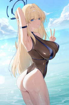 1girl absurdres alternate_costume arm_strap arm_up armpits ass black_one-piece_swimsuit blue_archive blue_eyes blue_hair blue_halo breasts commentary_request commission day halo highres kakumayu large_breasts long_hair looking_at_viewer multicolored_hair official_alternate_hairstyle one-piece_swimsuit outdoors parted_lips pixiv_commission solo streaked_hair swimsuit thighs toki_(blue_archive) v water wet