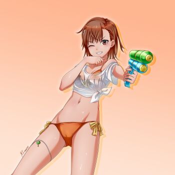 Rule 34 | 1girl, ;), absurdres, asymmetrical bangs, bikini, breasts, brown eyes, brown hair, cameltoe, dated commentary, djt (user wrzg5248), gekota, hair ornament, hairpin, highres, holding, holding water gun, huge filesize, misaka mikoto, navel, one eye closed, orange bikini, shirt, short hair, side-tie bikini bottom, simple background, small breasts, smile, solo, swimsuit, tied shirt, toaru kagaku no railgun, toaru majutsu no index, water gun, white shirt, wiping face