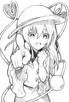 1girl blouse collarbone cropped_torso frilled_shirt_collar frills greyscale hair_between_eyes hat hat_ribbon heart heart_of_string highres komeiji_koishi long_hair long_sleeves looking_at_viewer monochrome open_mouth pointing pointing_at_viewer ribbon sashimi_oniku shirt simple_background solo sparkling_eyes symbol-shaped_pupils third_eye touhou wide_sleeves