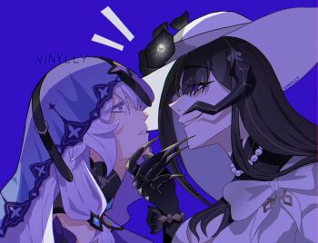 2girls artist_name black_flower black_gloves black_hair black_swan_(honkai:_star_rail) breasts claw_ring commentary demon_girl demon_horns detached_sleeves dress english_commentary flower gloves hand_on_another's_chin hat highres honkai:_star_rail honkai_(series) horns long_hair mole mole_under_eye multiple_girls purple_background purple_dress purple_eyes purple_hair purple_veil smile the_dahlia_(honkai:_star_rail) veil vinyl_0 white_dress white_hat yellow_eyes yuri