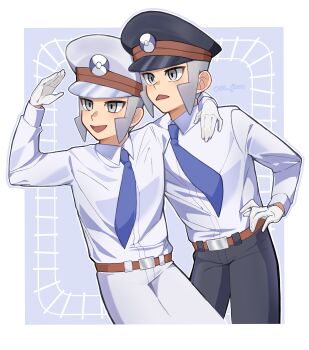 Rule 34 | 2boys, absurdres, arm around neck, belt, belt buckle, black hat, black pants, blue necktie, brothers, brown belt, buckle, collared shirt, commentary, emmet (pokemon), gloves, grey background, grey eyes, grey hair, hat, highres, ingo (pokemon), male focus, multiple boys, necktie, nintendo, open mouth, pants, peaked cap, pokemon, pokemon bw, shirt, short hair, siblings, smile, sugino (su ginoo), twitter username, untranslatable commentary, white gloves, white shirt