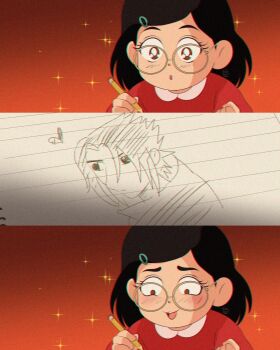 1990s_(style) 1girl :3 animification black_hair brenni_murasaki brown_eyes clip_studio_paint_(medium) commentary disney drawing_(action) drawing_(object) faux_retro_artstyle glasses heart highres looking_at_viewer meilin_lee meme naruto_(series) open_mouth pencil pixar retro_artstyle shirt short_hair smile symbol-only_commentary turning_red uchiha_sasuke
