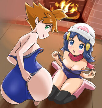 2girls ass bare_arms bare_shoulders beanie black_thighhighs blue_eyes blue_hair blue_one-piece_swimsuit blush boots breasts cleavage clothes_pull dawn_(pokemon) eyelashes fire fireplace flipped_hair from_behind green_eyes hair_ornament hairclip hat highres indoors long_hair looking_at_viewer looking_back medium_breasts microsd_(pibo) misty_(pokemon) multiple_girls nintendo one-piece_swimsuit one-piece_swimsuit_pull open_mouth orange_hair pokemon pokemon_dppt pokemon_rgby pulling_own_clothes raised_eyebrows red_scarf scarf school_swimsuit shiny_skin short_hair side_ponytail sidelocks sitting small_breasts smile strap_pull swimsuit thighhighs wariza