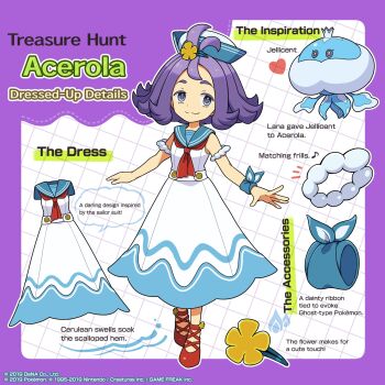 Rule 34 | 1girl, :3, acerola (pokemon), acerola (summer 2024) (pokemon), artist request, border, closed mouth, commentary, copyright name, english text, flipped hair, gen 5 pokemon, grid background, hat, heart, highres, jellicent, jellicent (male), medium hair, musical note, neckerchief, nintendo, official alternate costume, official art, pokemon, pokemon (creature), pokemon masters ex, purple border, purple hair, red footwear, red neckerchief, ribbon, sailor collar, shirt, shoes, skirt, sleeveless, sleeveless shirt, smile, speech bubble, split mouth, topknot, watermark, white shirt, white skirt, wrist ribbon